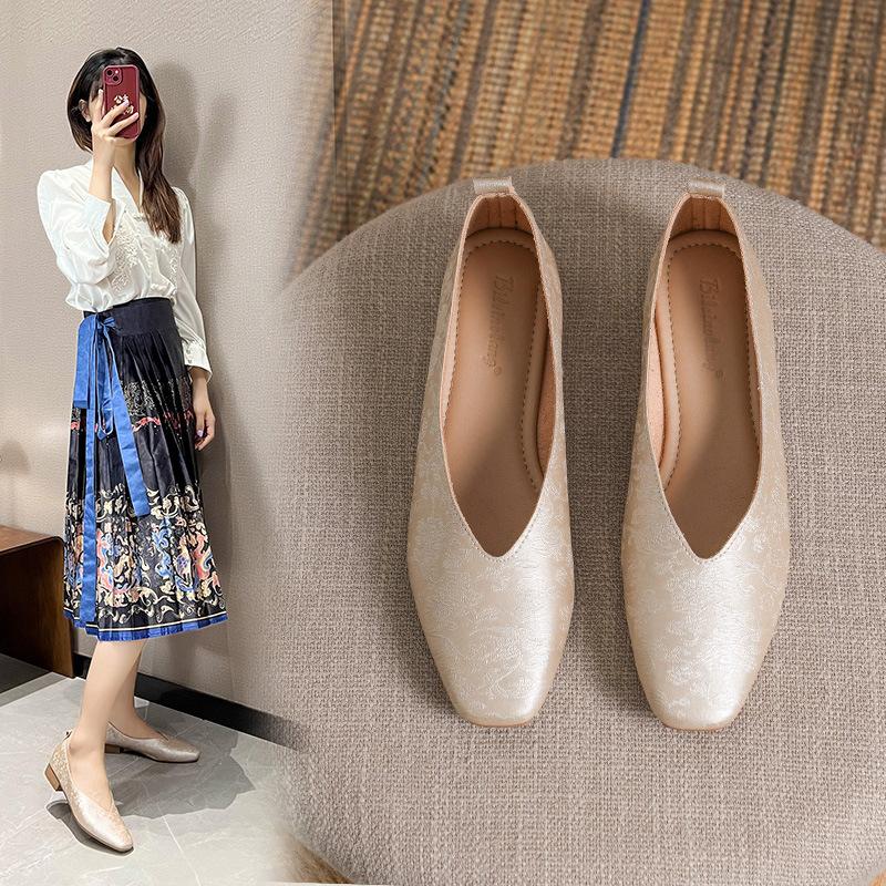 Fashion Woman Fashion Summer Square Toe Gold Green Flats Elegant Female Printing Texture Casual Buckle Mary Jane Shoes Big Size 34-43