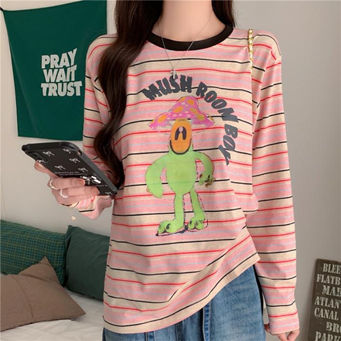 

2025 весенние футболки с длинным рукавом для женщин в винтажном стиле в полоску, повседневные свободные футболки с забавным рисунком, футболки Harajuku Kawaii для студентов, топы y2k 2XL розовый