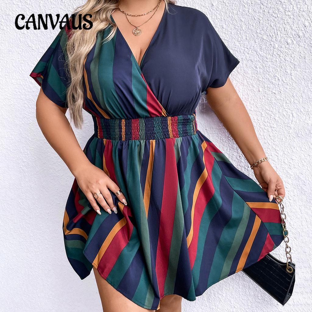 Vestido de Verano para Mujer Talla Grande Cuello en V Rayado Entallado Manga Corta