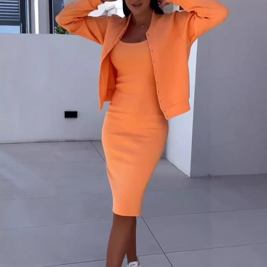 Women's Two-Piece Outfit Slim Fit Dress with Long Sleeve Cardigan Set In Multiple Colors