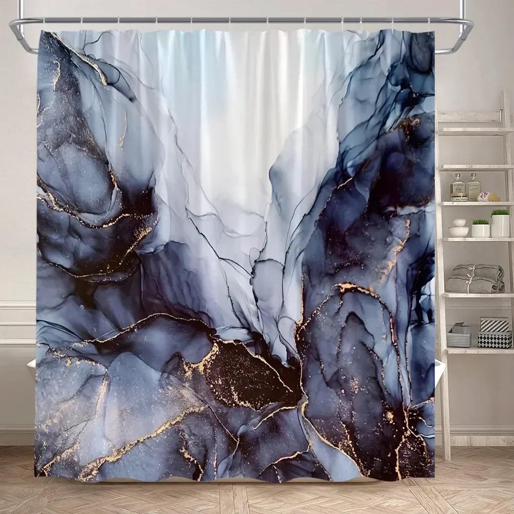 Abstract Pink Marble Shower Curtain Set Gold Textured Modern Geometric Ink Art Bathroom Decor Door Rug Bath Mat Toilet Lid Cover