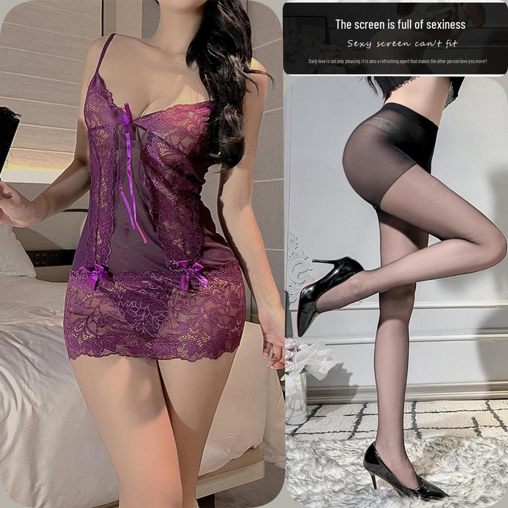 Purple See-Through Lace Lingerie: Role Play Temptation Suspender Suit