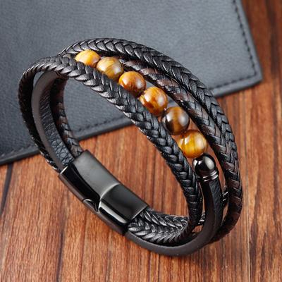 Pulsera de hilo de cuero para hombre Pulsera de piedra de tigre amarillo de lujo Piedra natural Multicapas Acero de titanio Accesorios de joyería masculina