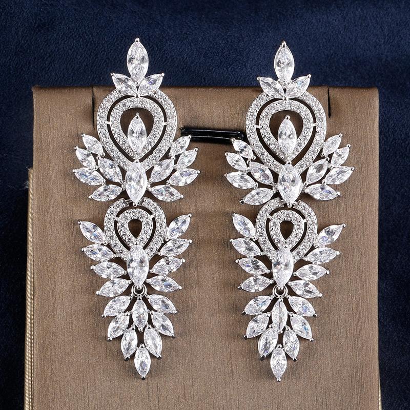 Luxury Leaf Marquise Zircon Long Drop Dangle Earrings Shiny AAA Cubic Zirconia Bridal Women's Wedding Party Zircon Accessories