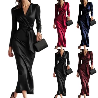 Women's Fashionable Graceful - Long-Sleeved Solid-Colour Tie-Waist Dress