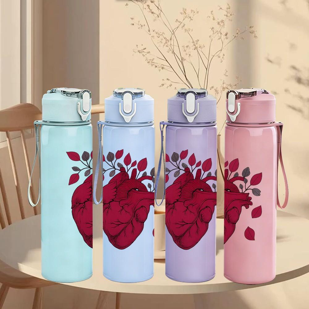 1PC Human Heart Floral Print 750ml Color Plastic Sports Water Bottle Leakproof Flip Straw Lid Suitable for Sports Office Home Use