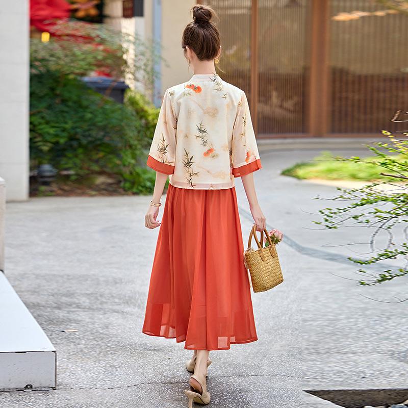 2025 Summer New Chinese Style Stand Collar Top & Skirt Hanfu Set LX292