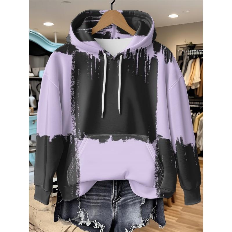 Womens Relaxed Fit Hooded Long Sleeve Sweatshirt With 3D Floral Plaid Print Breathable Comfort Casual Top