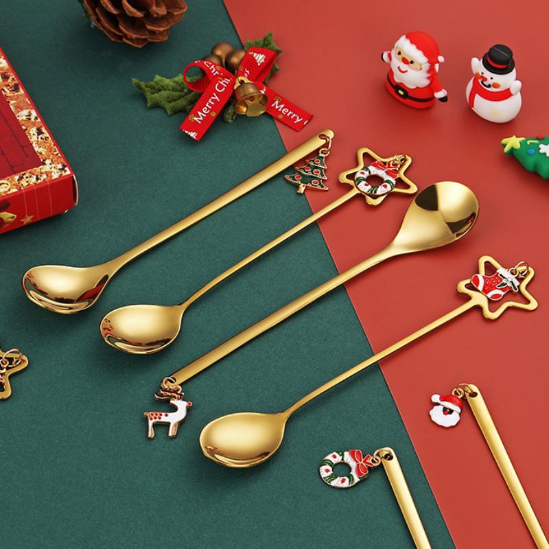 2/4PCS Christmas Coffee Spoons Set Gold Christmas Stainless Steel Spoon Dessert Spoon New Year Decoration For Tableware