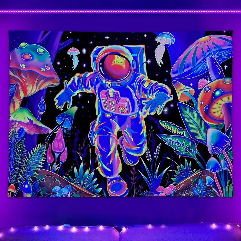 1pc Astronaut Fluorescent Tapestry, UV Responsive Forest Mushroom Tapestry, Galactic Space Tapestry
