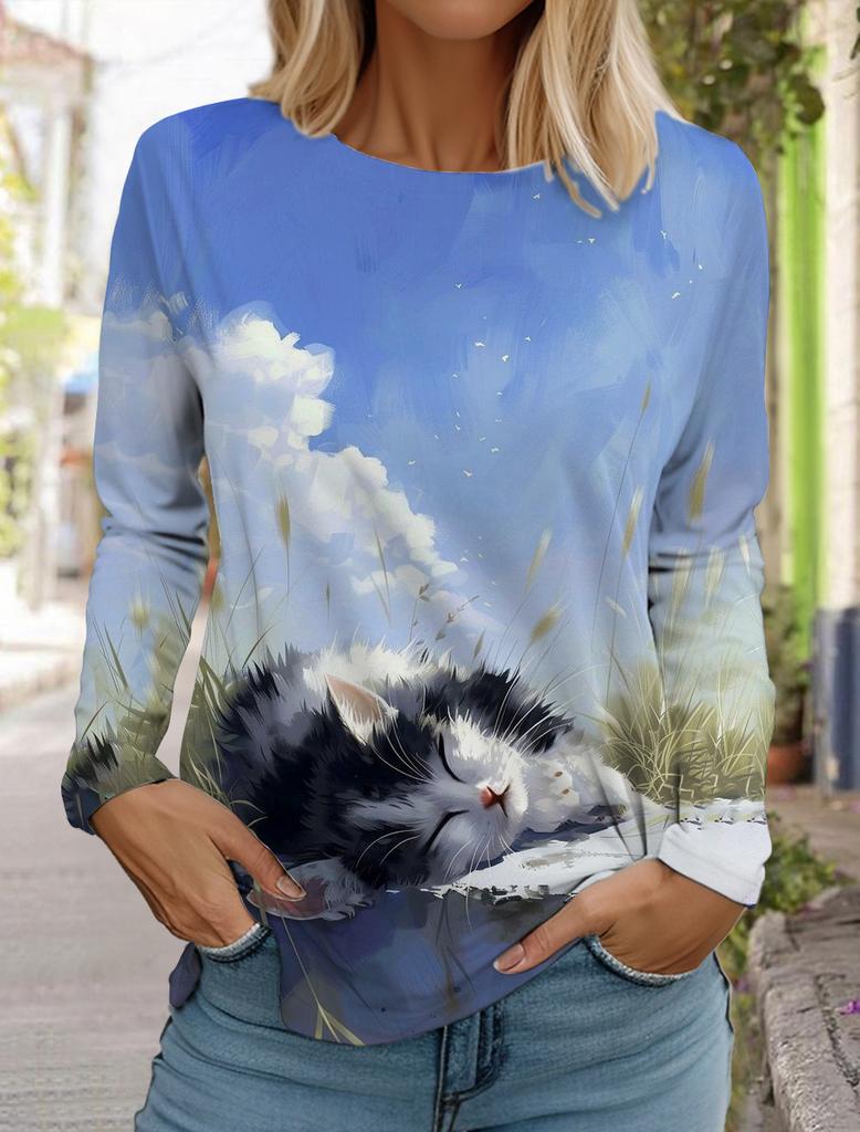 Felpa da Donna Designer Girocollo Manica Lunga Moda Casual Carina Gatto Animale Stampa Modello Top