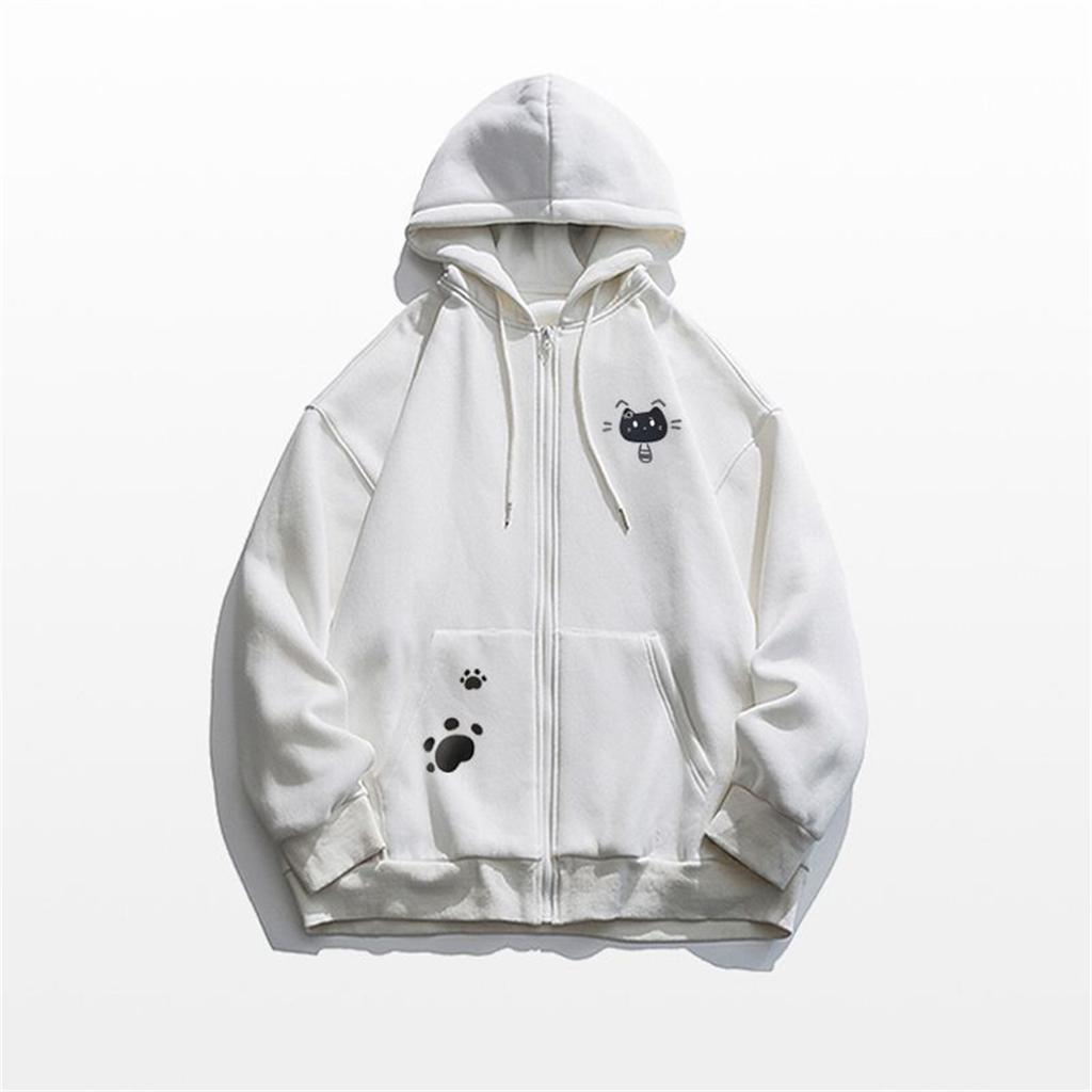 Spring And Autumn Thin Collection Fashion Trends Versatile Casual Lazy Wind Cute Girl Zipper Fun Cat Print Hooded