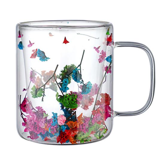 Double Wall Glass Coffee Mug with Handle Colorful Petal Design Tumbler Creative Insulated Cup for Hot