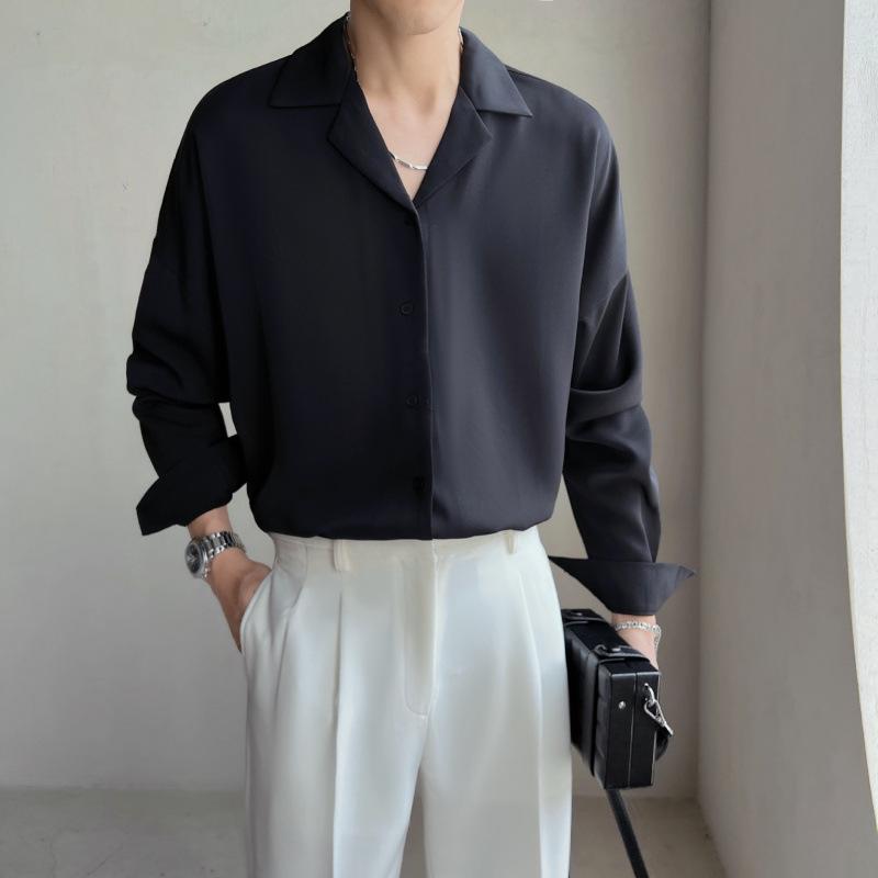 

Male Spring/Fall Cuban Collar Shirt Solid Color Lightweight Long-Sleeve Drapey Shirt XS чёрный