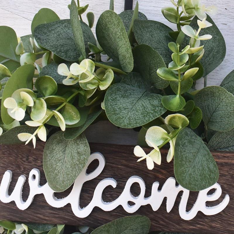 Welcome Sign With Artificial Wreath Front Door Decor Round Wooden Hanging Sign Farmhouse Porch Decorations For Home Outdoor Indoor 30CM