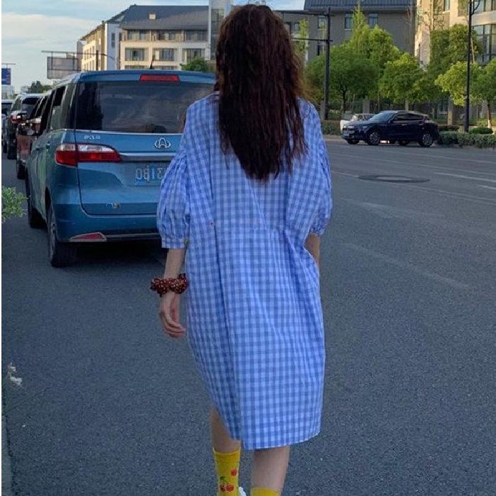 New French Platycodon Style Ins Super Fairy Mori Retro Plaid Shirt Dress Zixia