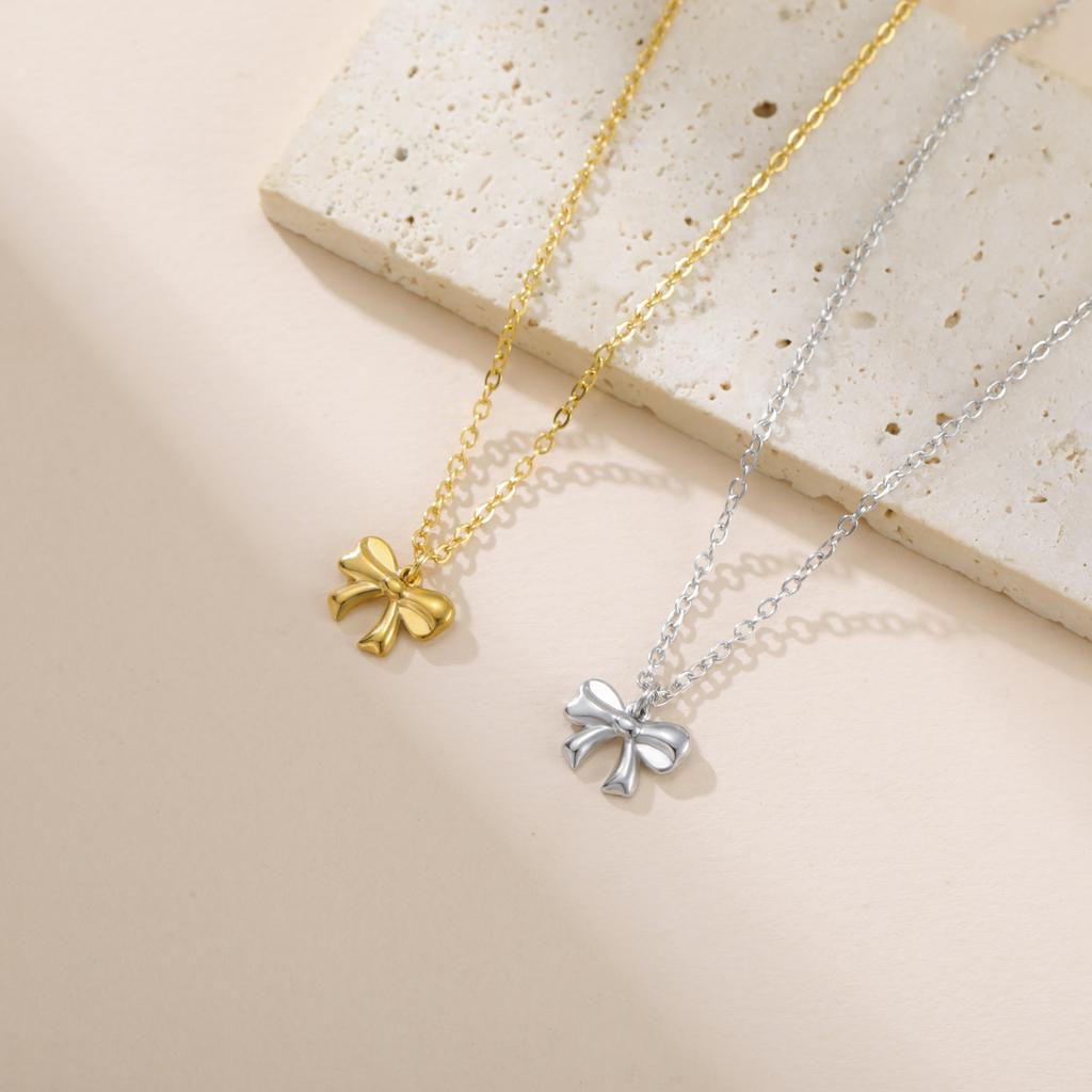 Teamer Bowknot Pendant Necklace Gold Color Stainless Steel Sweet Choker For Woman Girls Trendy Jewelry Gift New In Wholesale