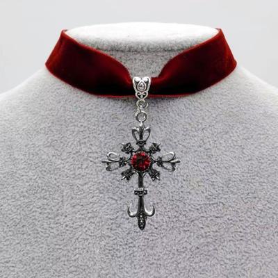 Elegant Crucifix Pendant with Red Gemstones Velvets Choker Stylish Women Men Accessories for Party Or Everyday Wear