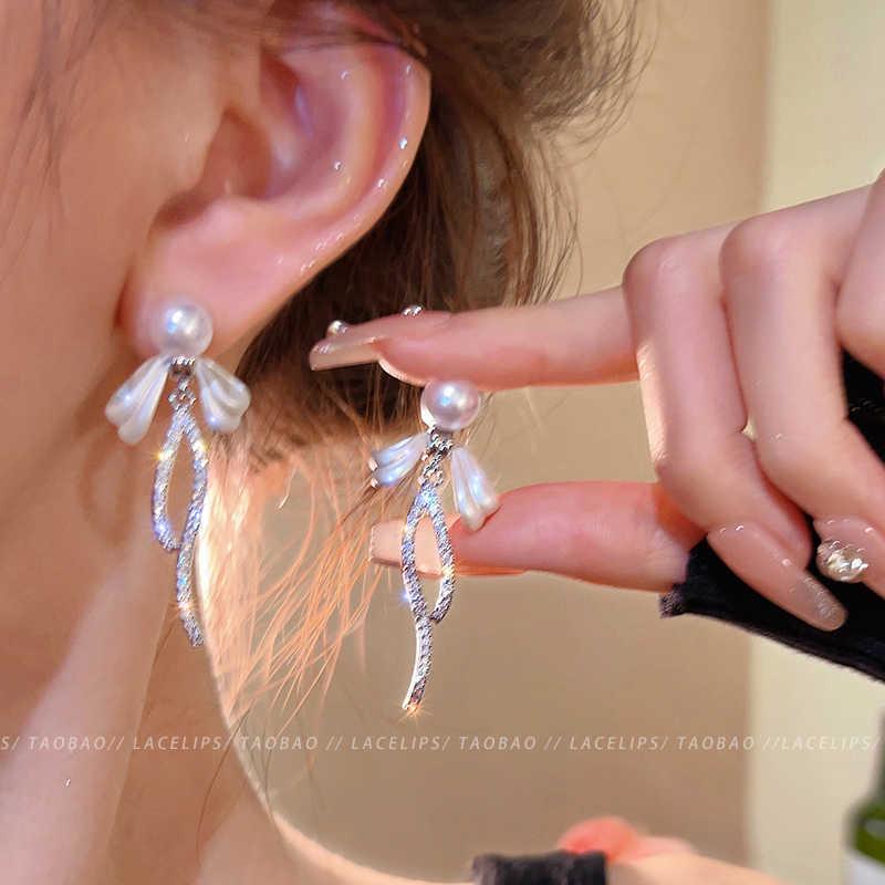 2025 Trendy Korean Micro-Inlaid Zircon Bow Earrings with S925 Silver Needle and Pearl for Women