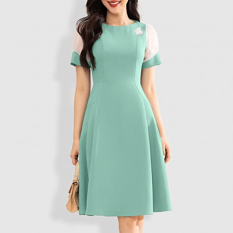 ZANZEA Women Casual Round Neck Mesh Splice Short Sleeve Summer Dress