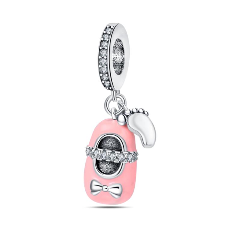 

925 Silver Mother s Day Baby Shoe Bottle Clothing Pendants Pink Heart-shaped Charms Beads Fit Pandach Bracelets DIY Jewelry Gift