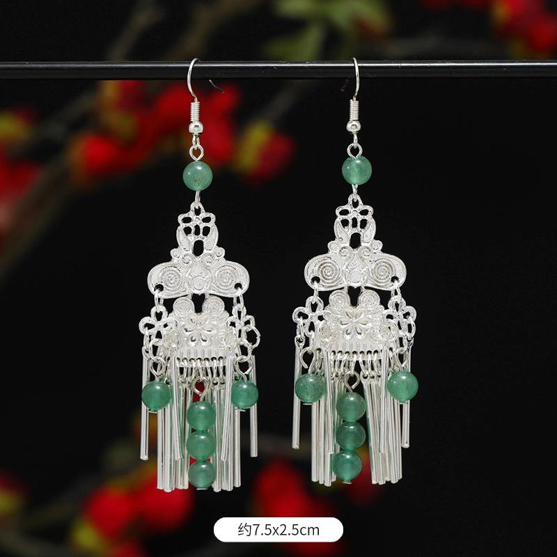 Miao Yin earrings original niche retro Dongling jade earrings long fringed earrings women