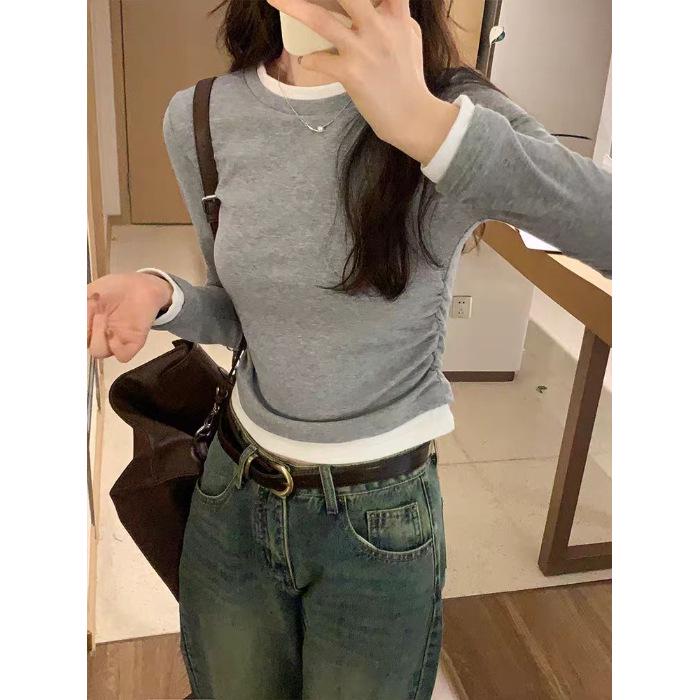 Women's Faux Two-Piece Brushed Long-Sleeve Top - Fashionable Fleece-Lined T-Shirt for Autumn/Winter