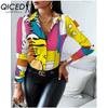 QICED Women's Fashion Casual Solid Color Print Long Sleeve POLO Neck Blouses & Shirts