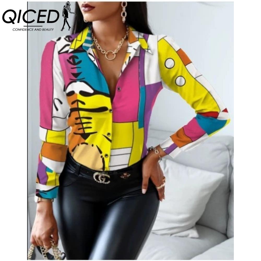 QICED Women's Fashion Casual Solid Color Print Long Sleeve POLO Neck Blouses & Shirts