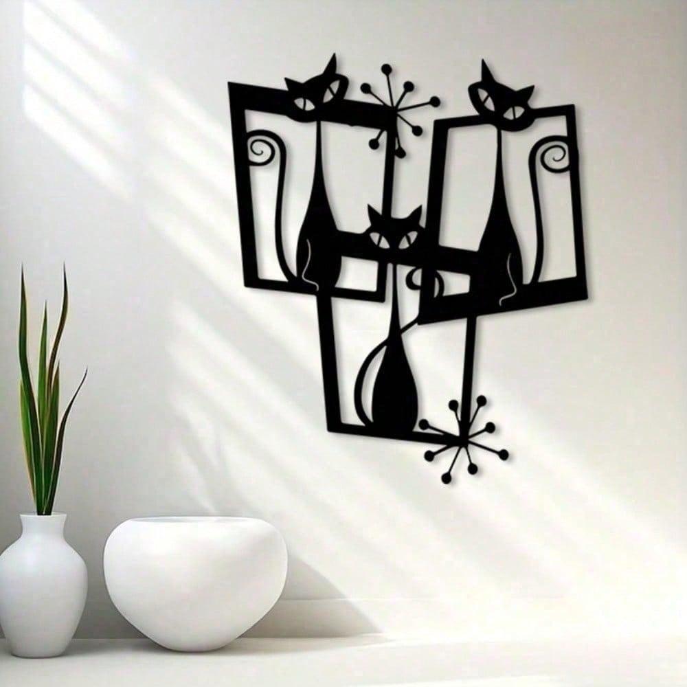 Metal Black Cat Wall Art Abstract Iron Sculpture Vintage Home Garden Decor