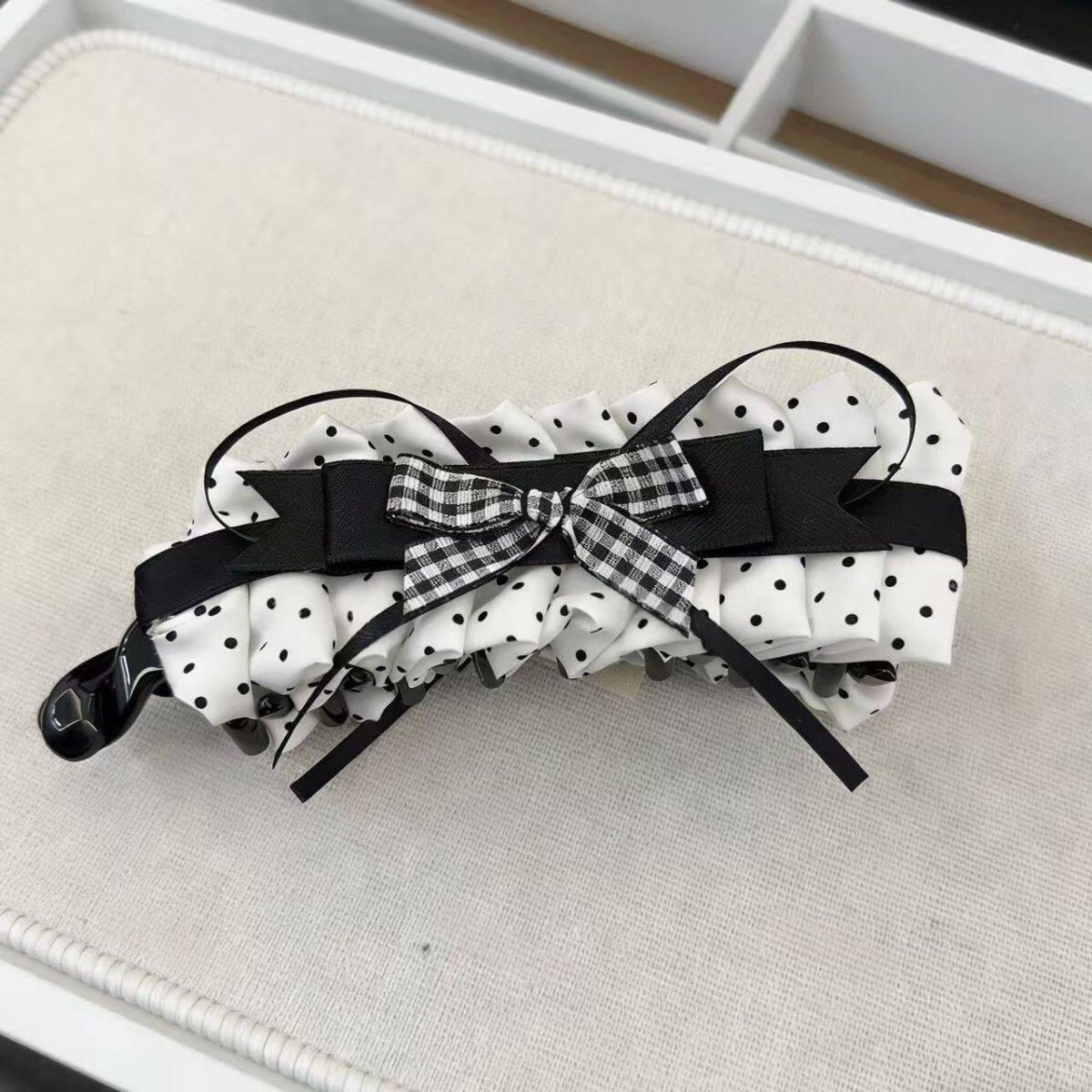 Korean Plaid Polka Dot Lace Bow Hair Clip for Ponytail  Bun