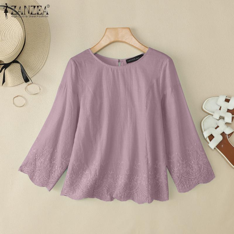 ZANZEA Bluză lejeră de damă casual cu gât rotund și mâneci 3/4, brodată