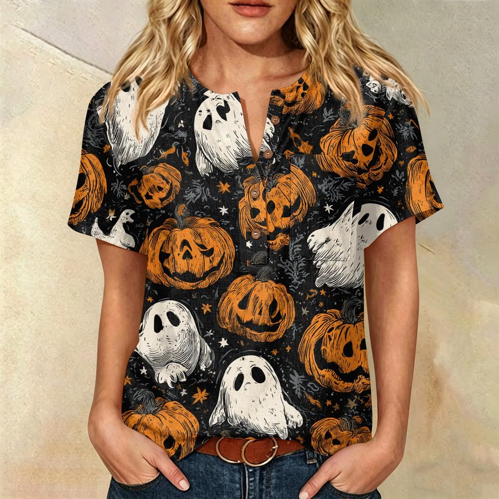 Women's Casual Short Sleeve Linen Cotton Blend Henley Shirt with Chest Pocket Halloween Themed Graphic Print