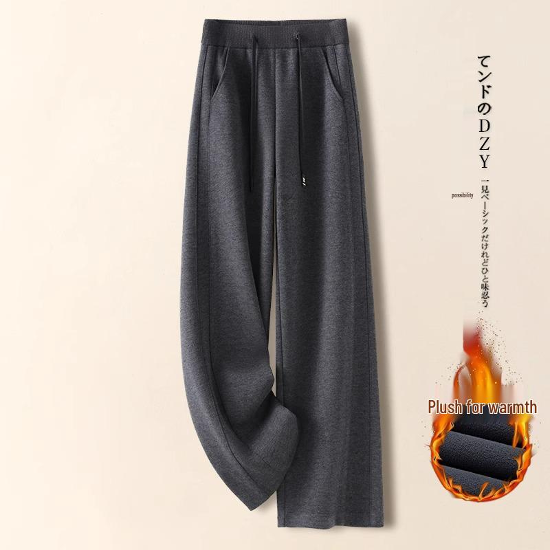 Pantaloni largi de cașmir gri pentru femei, căptușiți cu fleece, amestec de lână, lungi până la podea, toamnă și iarnă 2024.