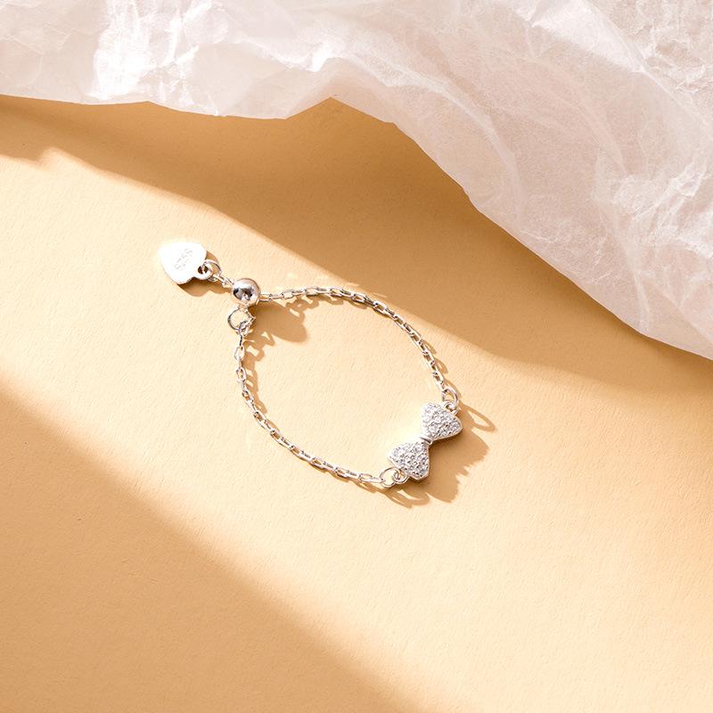 925 Sterling Silver Adjustable Bow Chain Ring for Women - Light Luxury, Niche Cold Style.