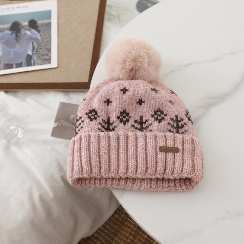 Japanese Style Retro Rabbit Fur Ball Pullover Hat  Women's Large Head Girdle  Warm Woolen Knitted Hat  Ear Protecting Cold Hat