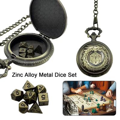 Mini-DND-Würfelset, Taschenuhrgehäuse mit Drachengravur und 7 polyedrischen DND-Würfeln aus Metall, Gaming-Würfelset im Retro-Stil für Tabletop-Spiele