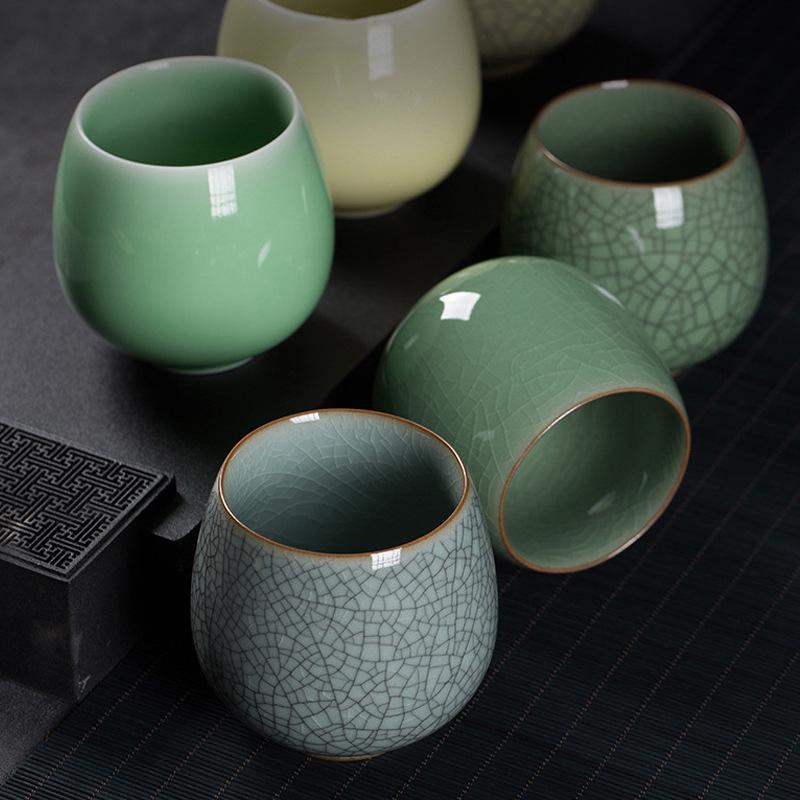 Longquan Celadon Ceramic Tea Cup - Handleless, Engravable, with Ice Crack Design for Home or Office Use