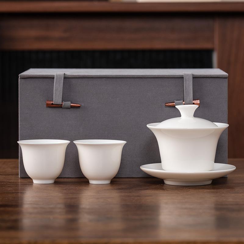 Hover Cover Bowl Suet Jade Porcelain White Porcelain High-end Three Talents Brewing Tea Bowl One Pot Two Cups Gift Box Light Luxury Boutique Tea Set