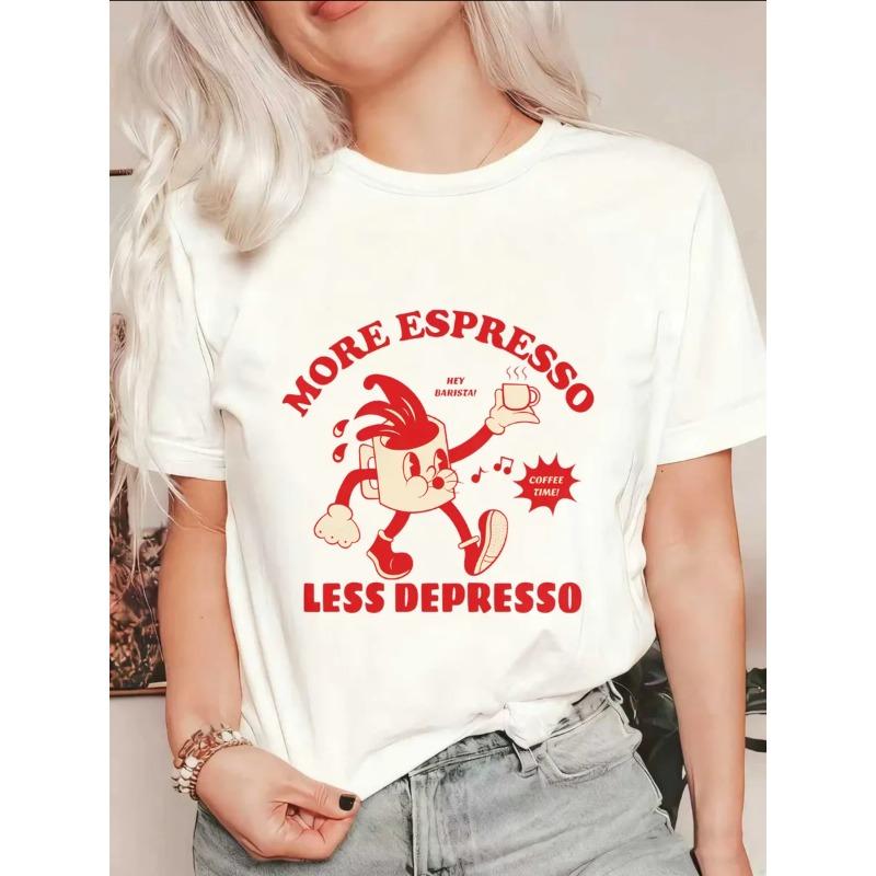 

Oversize Women s Short-Sleeve T-Shirt with Cartoon Coffee Cup Figure & MORE ESPRESSO LESS DEPRESSO Text Print XXXXL білий