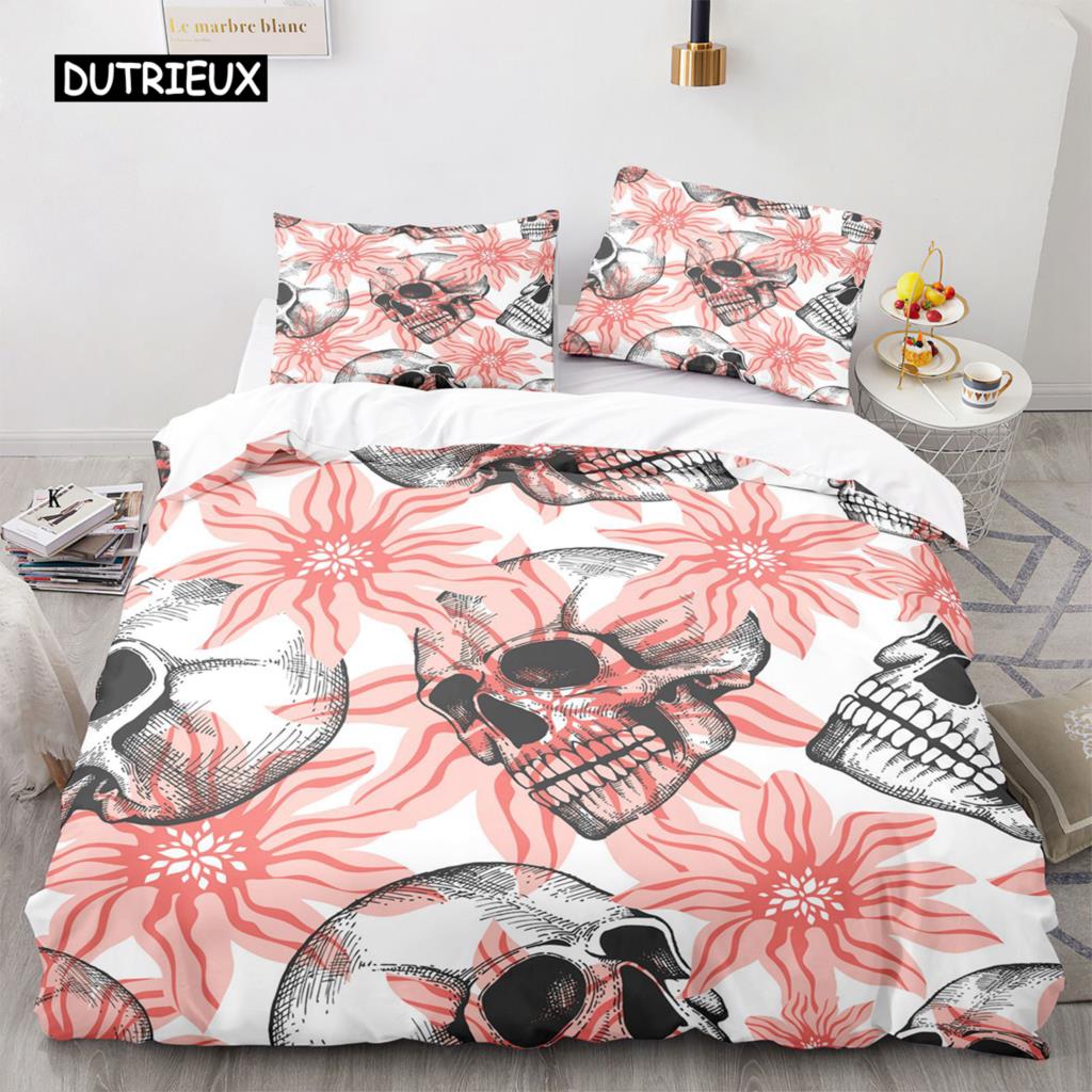 Povlak na přikrývku Sugar Skull King Mikrovlákno Růžový Ložní Set Květinová Lebka Povlak na Přikrývku Černá Červená Oranžová Kostra Jednolůžkový Povlak na Prošívanou Přikrývku