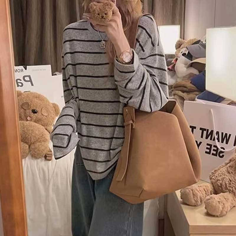 Casual Striped T-Shirt Women Long Sleeve Loose Fit Blouse Autumn Winter Basic Korean Long Sleeve Top Spring O Neck Simple Basic Tee Shirts
