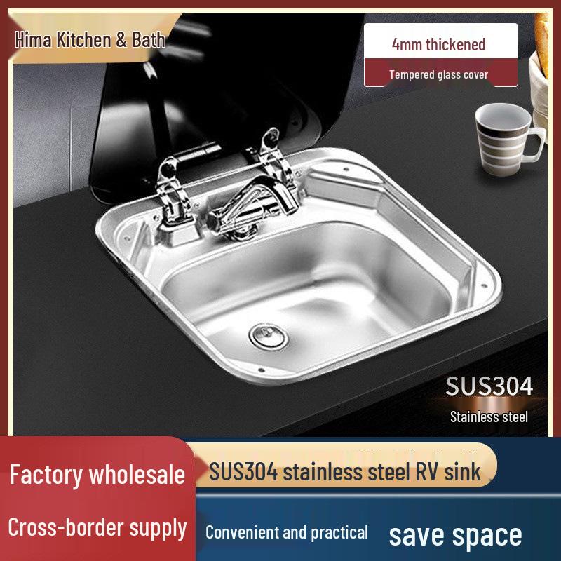 

Раковина для автодома из нержавеющей стали 304 с крышкой из закаленного стекла, складная для маленьких квартир и использования в автомобиле Folding Faucet серебряный