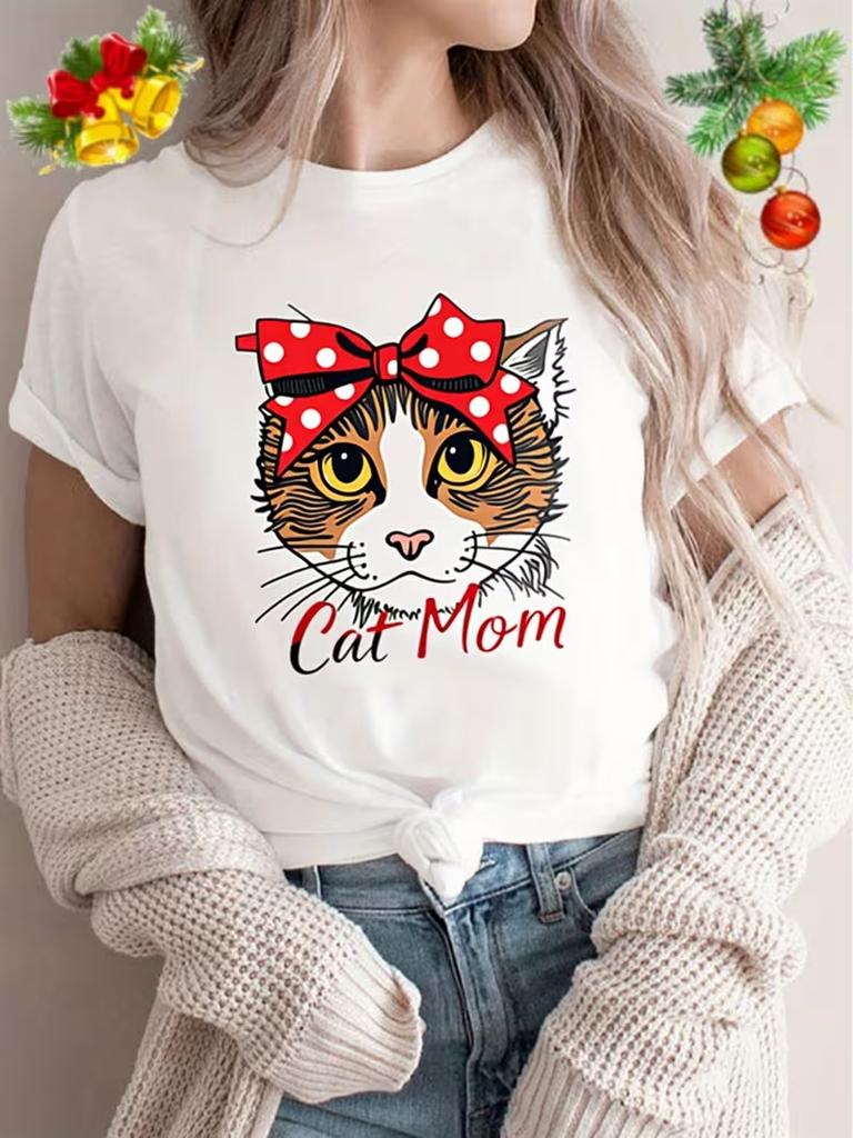 WomenS Funny for Cat Mom TShirt Cute for Cat Polka Dot Headband Graphic for Cat Mom Casual Loose Tshirt Ladies T Shirts