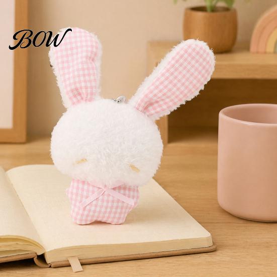 Stuffed Plaid Ear Bunny Ribbon Bow Rabbit Plush Pendant for Backpacks, Soft Plushie Bag Charm, Animal Keychain Decoration