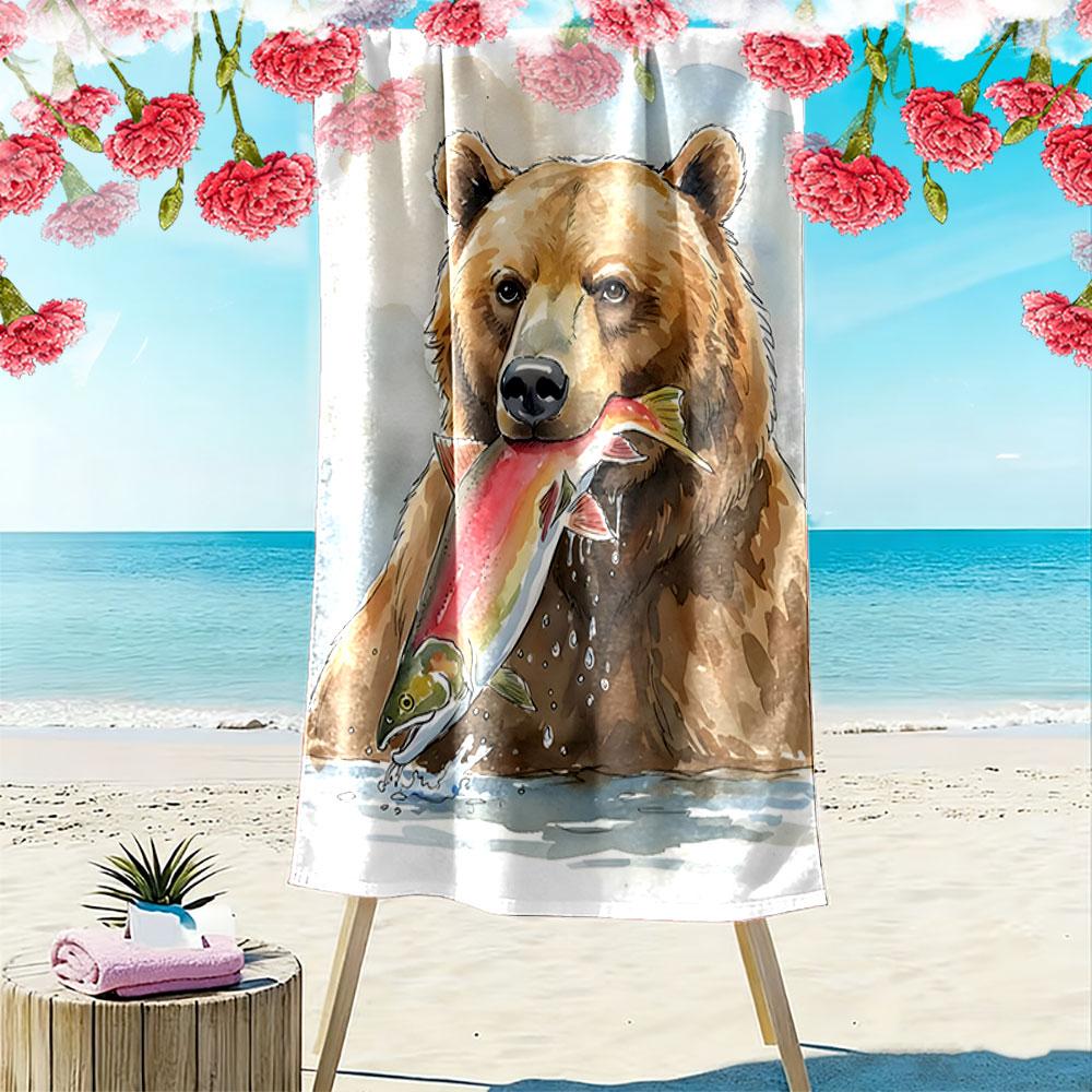 Mighty Bear Catches Salmon Print Beach Towel, Quick Drying, Suitable for Travel, Outdoor Sports, Jogging, the Beach and Swimming, Gift