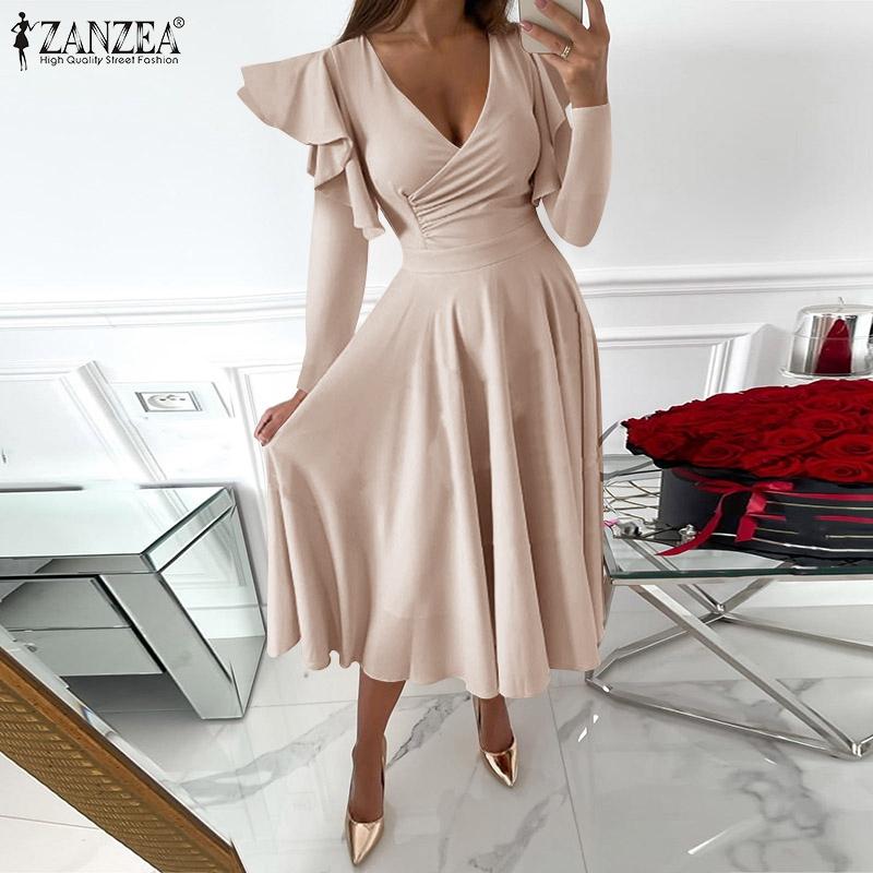 

ZANZEA Женское повседневное тонкое платье с v-образным вырезом и длинными рукавами