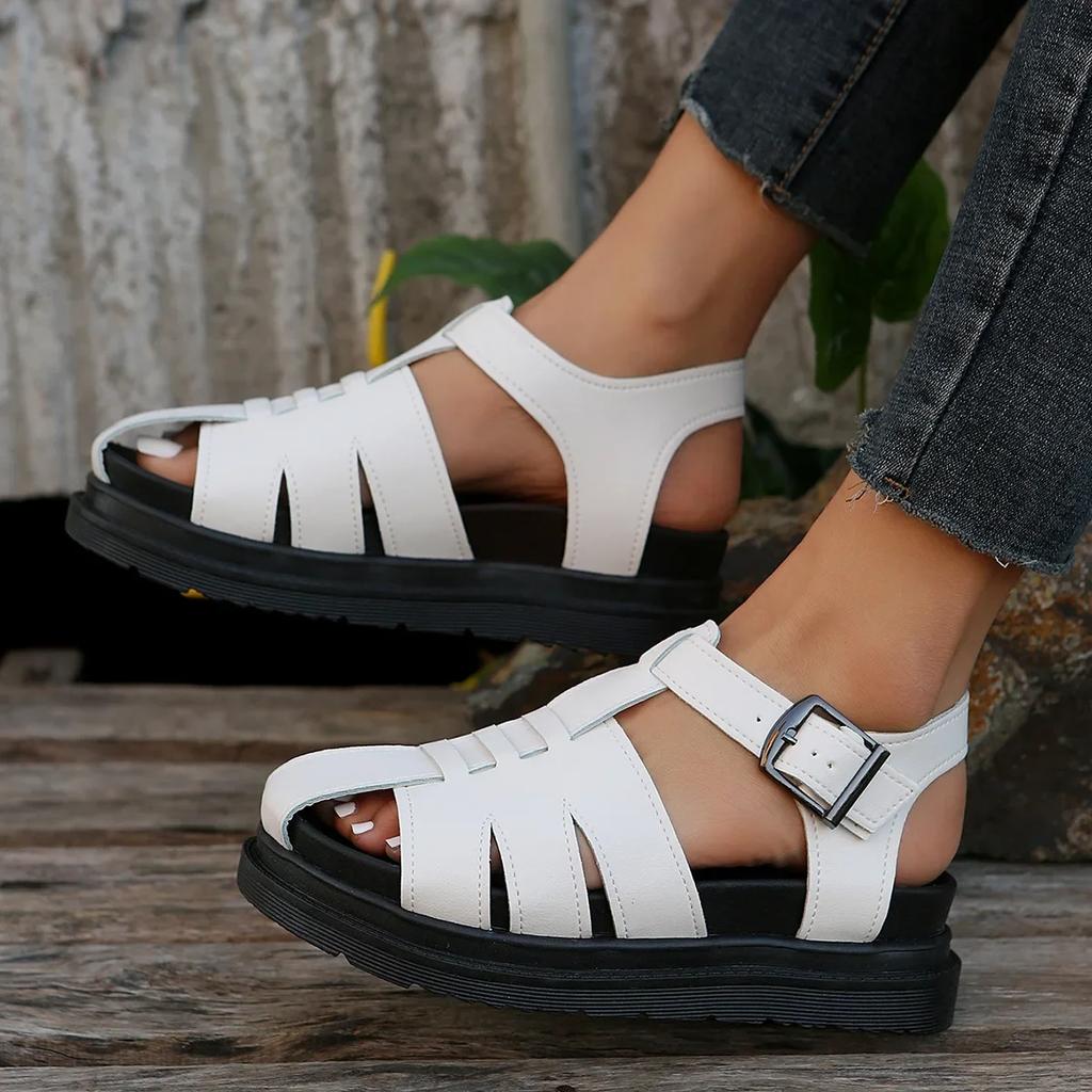 Platform Roman Sandalias Women Round Toe Hollow Out Casual Summer Shoes Flat Bottom Baotou Weave Sandales Female Black Footwear