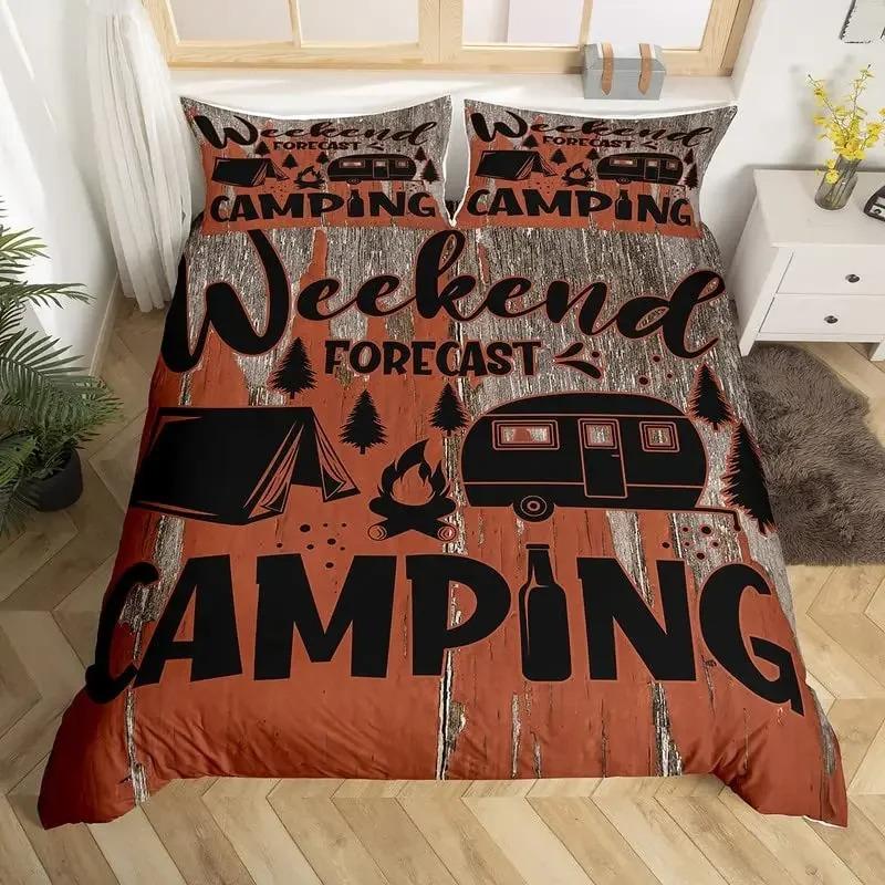 Happy Camping Bedding Set Camper Car Duvet Cover King Queen Microfiber Smoky Mountain Wood Print Quilt Cover Set For Girls Boys