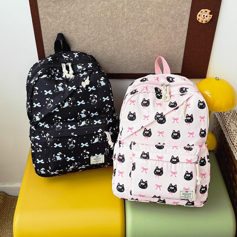 Soft Cute Kuromi Bow Animal Pattern Girl's Backpack Nylon Large Capacity Diagonal Zipper Student Double Backpack Campus Outdoor